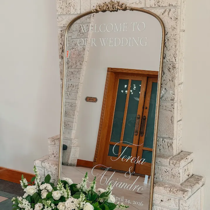 Be Extra Miami wedding rental inspiration in Miami — Royal welcome mirror wedding rental — Miami wedding event rental.