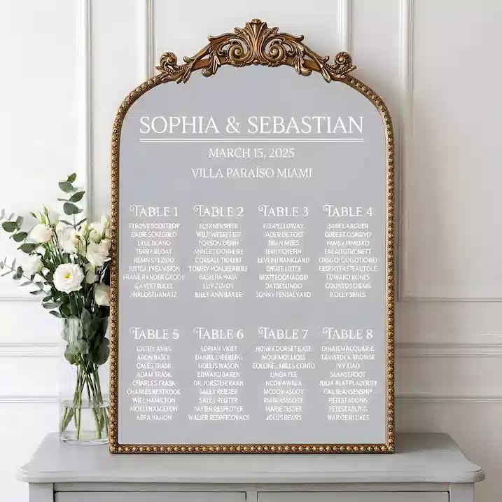 Petite Vintage Mirror Vinyl Seating Chart — Miami rental in the Seating Charts collection by Be Extra Miami. — Miami wedding event rental.