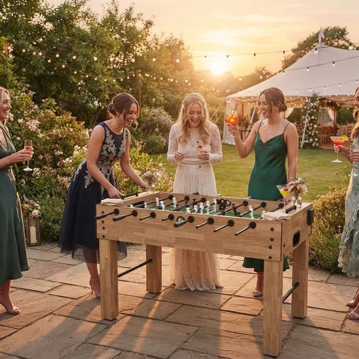 Table Football rental at a Miami wedding reception with guests enjoying an outdoor event game at sunset.